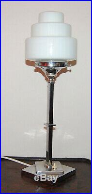 Original Authentic Art Deco Chrome Table Lamp & Stepped Glass Shade