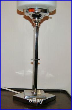 Original Authentic Art Deco Chrome Table Lamp & Stepped Glass Shade