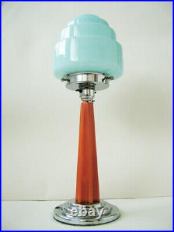 Original Phenolic & Chrome Art Deco Table Lamp With Original Blue Glass Shade