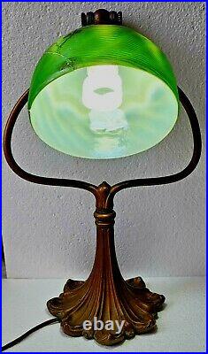 Original Rare Tiffany Studios Harp Desk Lamp With LCT Favrile Damascene Shade