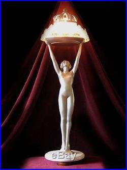 Original Tall Art Deco Spelter'Nude Fire Dancer', Glass Lamp on Marble, c. 1930