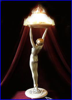 Original Tall Art Deco Spelter'Nude Fire Dancer', Glass Lamp on Marble, c. 1930