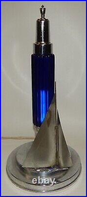Original Vintage 1930s Cobalt Glass Chrome Sailboat Art Deco Lamp