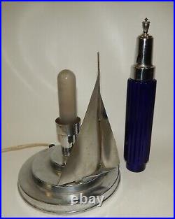 Original Vintage 1930s Cobalt Glass Chrome Sailboat Art Deco Lamp