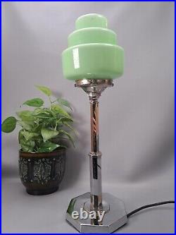 Original chrome 30s deco stepped lamp with mint green glass shade art deco
