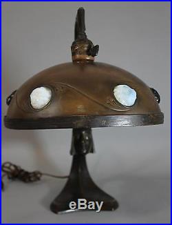 Outstanding Antique Solid Bronze Arts & Crafts/Deco Lamp with Chunk Glass Jewels