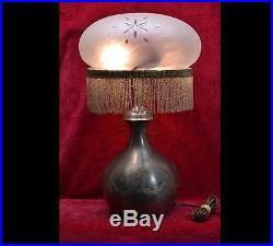 PAIRPOINT Antique Art Nouveau Deco Lamp Base Wheel Cut Etched Glass Beaded Shade