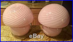 PAIR ART GLASS Vetri ITALY MURANO Crystal Venini Swirl Pink Glass Mushroom LAMPS