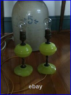 PAIR Antique Art Deco Brass Vaseline Uranium Glass Electric Table Lamps REWIRED