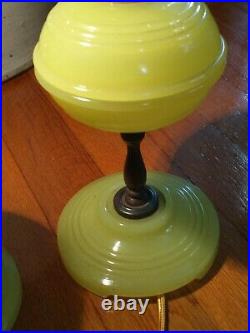 PAIR Antique Art Deco Brass Vaseline Uranium Glass Electric Table Lamps REWIRED