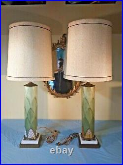 PAIR Antique Opaline or Bristol Glass Painted Table Lamps