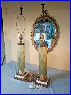 PAIR Antique Opaline or Bristol Glass Painted Table Lamps