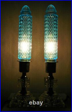 PAIR Blue Torpedo Bullet Skyscraper Boudoir Table Lamps Art Deco Hobnail Glass