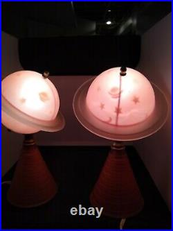 PAIR PINK1939 NY WORLDS FAIR FROSTED GLASS SPACE SATURN LAMPS Art Deco