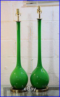 Pair Vintage Murano Green Cased Glass Lamps MID Century Italian Modern Nr