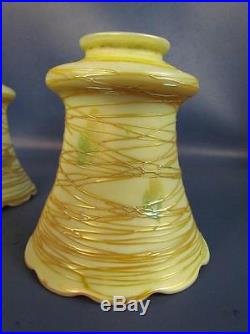 PAIR of ANTIQUE QUEZAL THREADED ART GLASS LAMP SHADES
