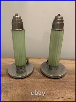 Paid Of Art Deco Uranium Glass Boudoir Lamps Skyscraper Torpedo Rare