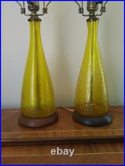Pair (2X) Original Blenko Mid-Century Modern Crackle Glass Lamp wt Blenko Finial