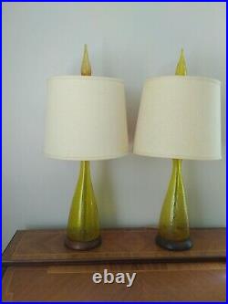 Pair (2X) Original Blenko Mid-Century Modern Crackle Glass Lamp wt Blenko Finial