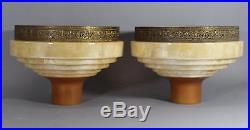 Pair Antique 1920s Art Deco Gold Lustre Glass Brass Torchiere Lamp Light Shades