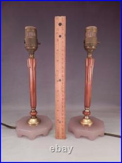 Pair Antique Art Deco Butterscotch Bakelite & Pink Glass Bourdoir Stick Lamps
