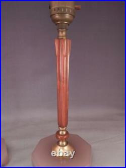 Pair Antique Art Deco Butterscotch Bakelite & Pink Glass Bourdoir Stick Lamps