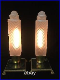 Pair Antique Glass Art Deco Skyscraper Bullet Bedroom Lamps Footed Mirror Bases