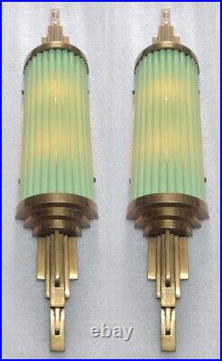 Pair Antique Vintage Art Deco Brass Green Glass Rod Ship Light Wall Sconces Lamp
