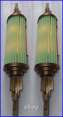 Pair Antique Vintage Art Deco Brass Green Glass Rod Ship Light Wall Sconces Lamp