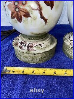 Pair Antique/Vtg Hand Painted Floral Porcelain Table Lamps