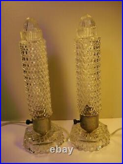 Pair Art Deco Crystal Glass Bullet Torpedo Skyscraper Boudoir Vtg Antique Lamps