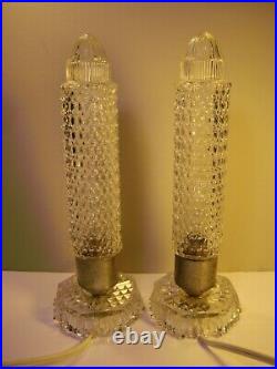 Pair Art Deco Crystal Glass Bullet Torpedo Skyscraper Boudoir Vtg Antique Lamps
