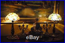 Pair Art Nouveau, Deco Era Czech, Bohemian Art Glass Bronze Tree Trunk Desk Lamp
