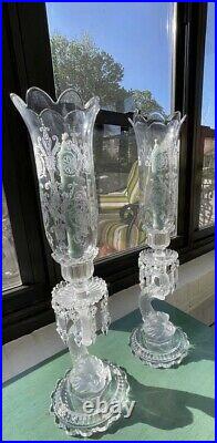 Pair Baccarat crystal Dauphine hurricane lamp candle holder candlestick drip bow