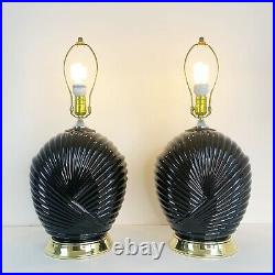 Pair Black Glass Lamps 80s Art Deco Revival Hollywood Regency Postmodern Set