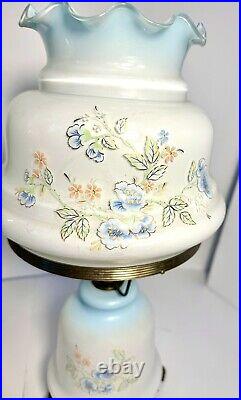 Pair Blue & White Floral Design Gone With The Wind Hurricane Parlor Table Lamps