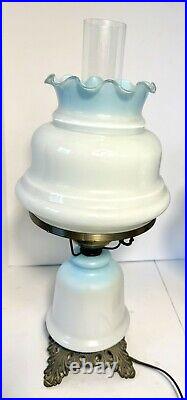 Pair Blue & White Floral Design Gone With The Wind Hurricane Parlor Table Lamps