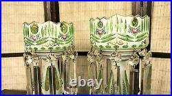 Pair Bohemian Moser Cased Art Glass Mantle Luster Lamps & Prisms White to Green