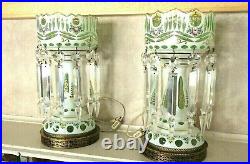 Pair Bohemian Moser Cased Art Glass Mantle Luster Lamps & Prisms White to Green