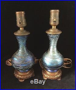 Pair Durand Art Glass Iridescent Blue Threading Art Nouveau Table Lamps 343