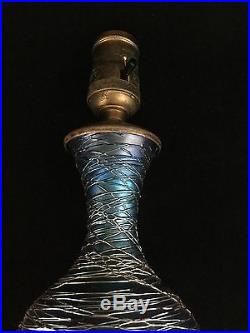 Pair Durand Art Glass Iridescent Blue Threading Art Nouveau Table Lamps 343