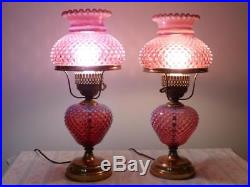 Pair Fenton Cranberry Opalescent Hobnail Table Lamps