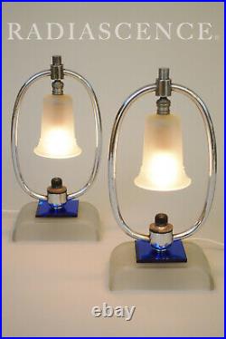 Pair Markel Art Deco Streamline Modern Chrome Cobalt Frosted Glass Lamps 1930's