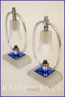 Pair Markel Art Deco Streamline Modern Chrome Cobalt Frosted Glass Lamps 1930's