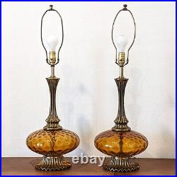 Pair Mid-Century MURANO Italian Art Glass Amber Optic & Brass Table Lamps