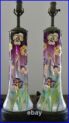 Pair Moser Enameled Glass Vases Lamps Pansies Art Nouveau Large