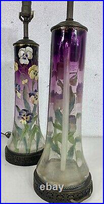 Pair Moser Enameled Glass Vases Lamps Pansies Art Nouveau Large