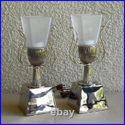 Pair Of Bauhaus Art Deco Streamline Moderne Chrome Glass Cubist Lamps