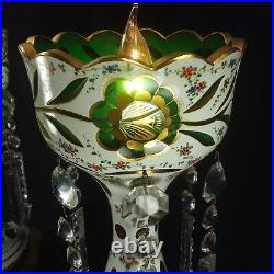 Pair Of Bohemian Cut To Emerald Green Glass Mantle Lusters Czech Lustres