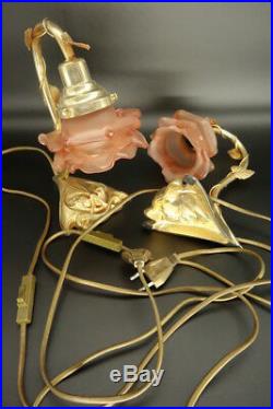 Pair Of Lamps, Art Nouveau Style Bronze & Glass French Antique
